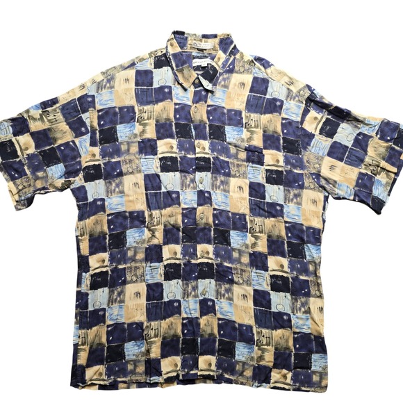Pierre Cardin Other - Pierre Cardin Mens Large Blue Tan Abstract Geometric Rayon Short Sleeve Shirt